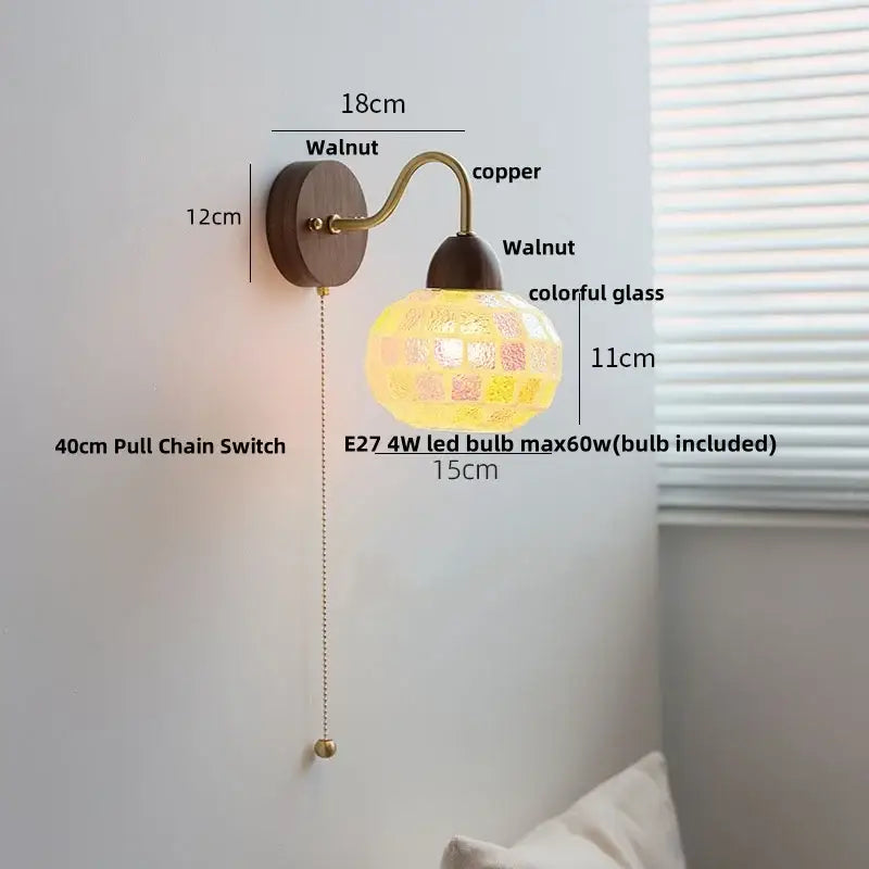 Decorbites led tiffany style wall light with colorful glass mosaic in copper arm and walnut base for stair fixture