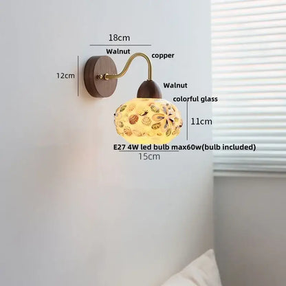 Decorbites led tiffany style wall sconce with walnut base copper arm and colorful floral glass shade for stair decor
