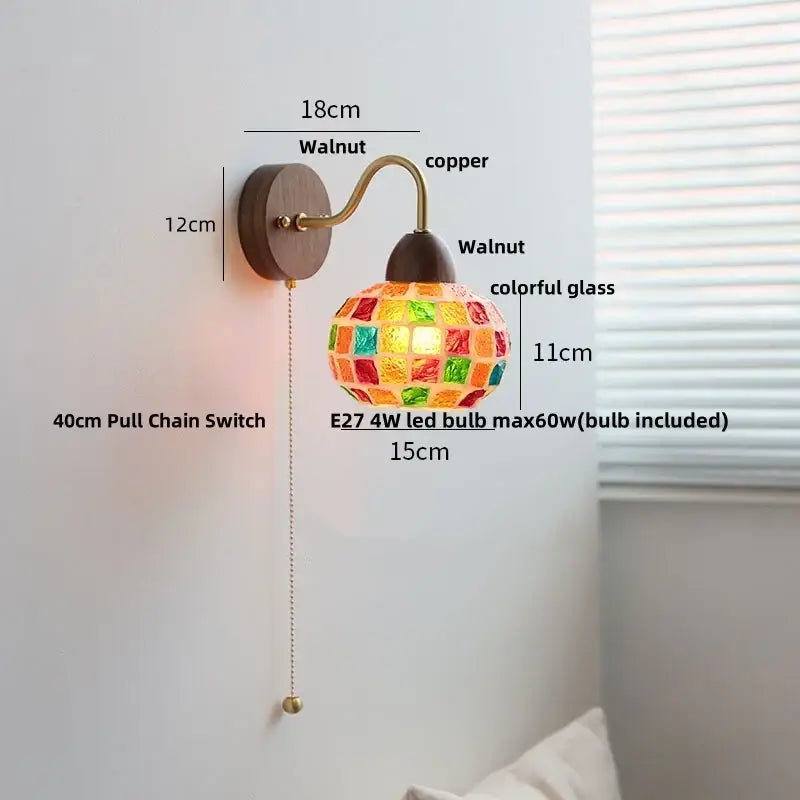 A vibrant decorbites led tiffany style wall sconce with colorful glass tiles and walnut finish for stair lighting
