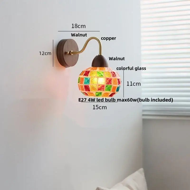 Vibrant spherical mosaic decorbites led tiffany style wall sconce with copper arm and walnut mounted base