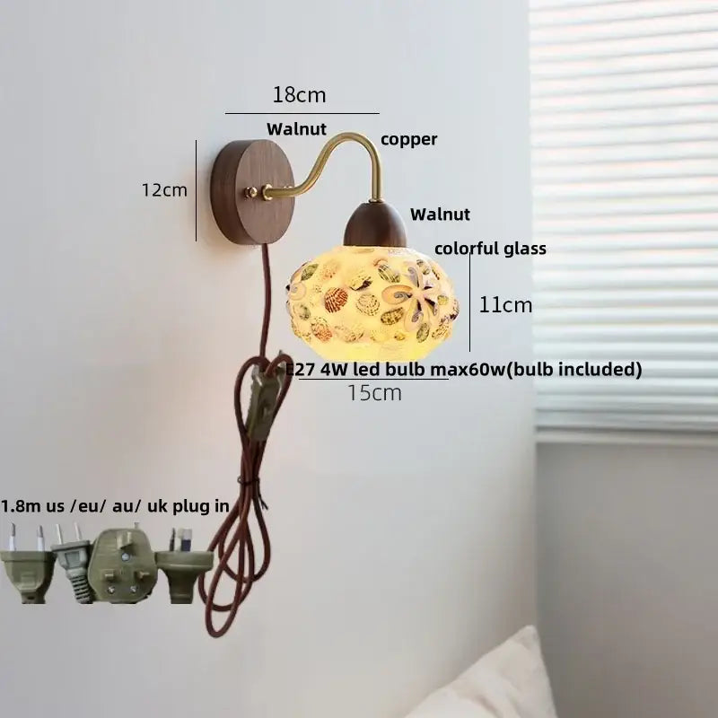 Decorbites led tiffany style wall sconce with walnut base copper arm and colorful floral glass shade for stair lighting