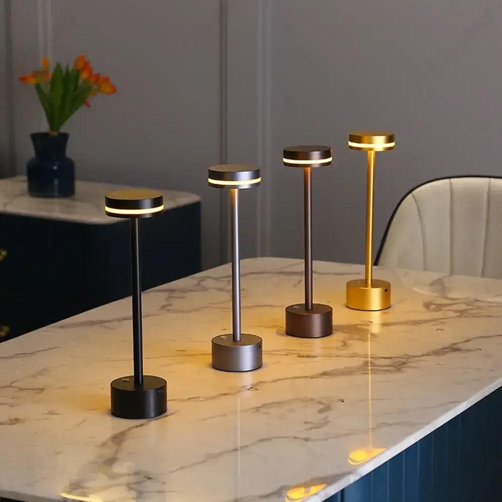 Modern minimalist DecorBites led touch table lamp with sleek metallic finish and glowing circular LED ring for living room use