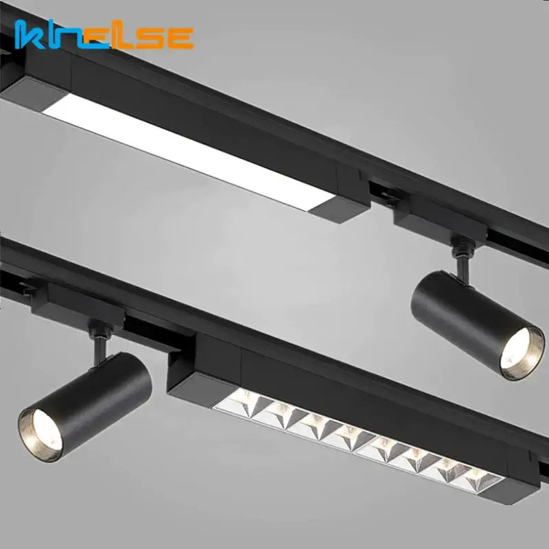 Black decorbites led track lamps featuring modern cylindrical spotlights and rectangular led panels with matte finish