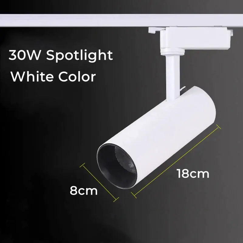 White 30w DecorBites LED track lamp with sleek cylindrical matte finish for modern ceiling rail lighting