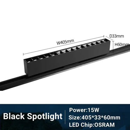 Black DecorBites LED track light with adjustable grille and precise dimensions for linear rail lighting
