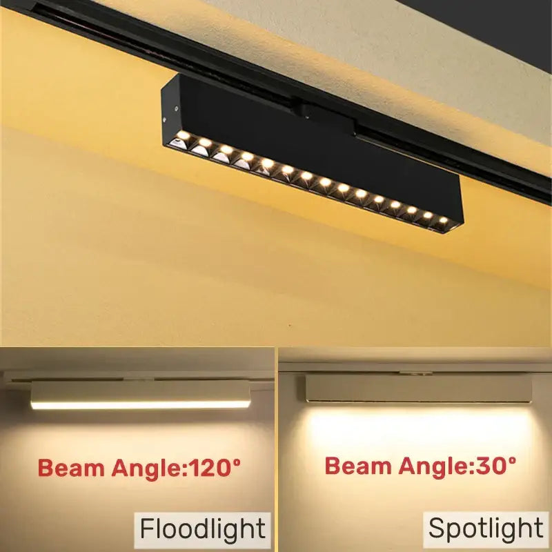 Black rectangular decorbites led track light with multiple led bulbs emitting warm white light for adjustable spot lighting