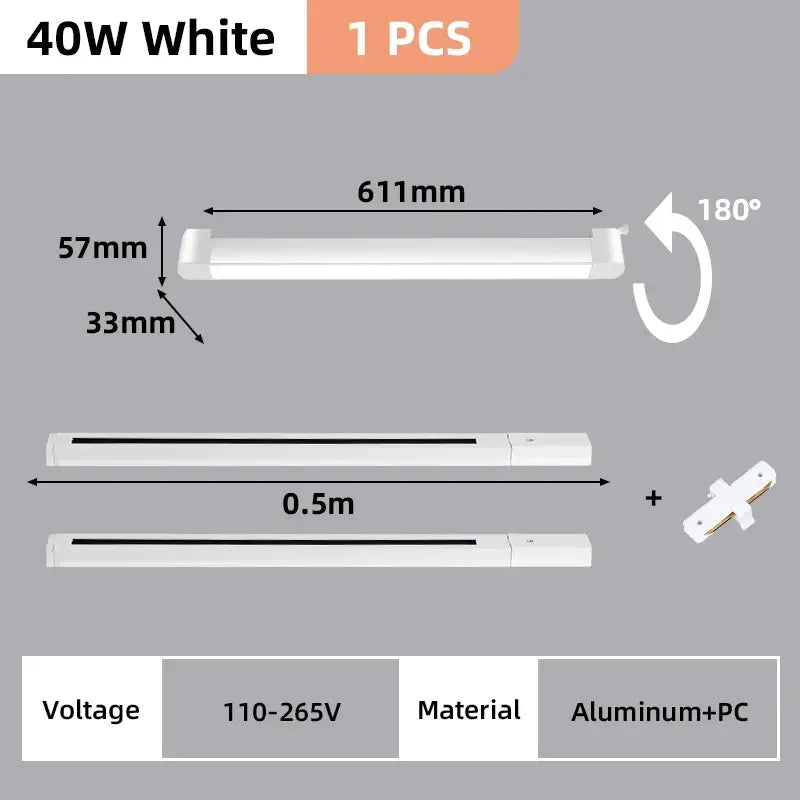 White 40w led track light set with aluminum and pc construction featuring sleek rectangular design and adjustable mounting