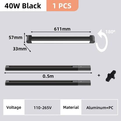 Black 40w led track light set with aluminum and pc construction designed for flexible mounting in home decor