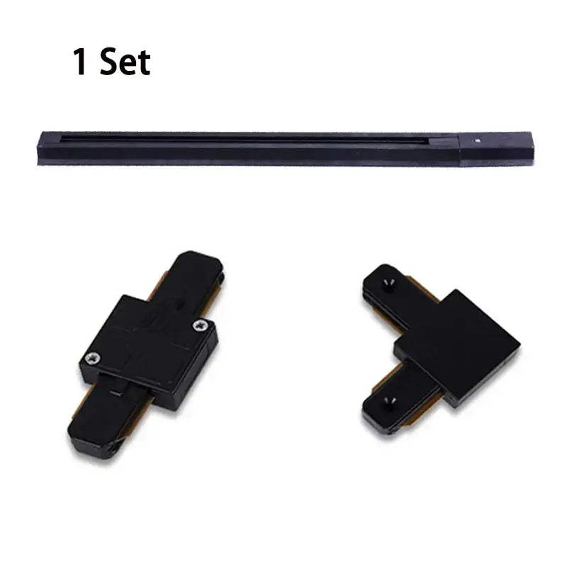 Black plastic DecorBites™ LED track light set with straight rail and two L-shaped connectors for home decor lighting