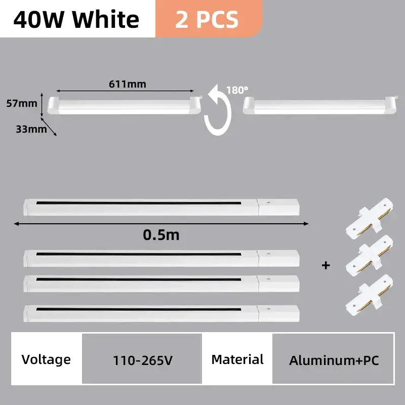 White 40w led track light set with aluminum and pc material designed for flexible home decor installation