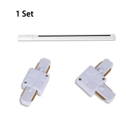 White led track light set with two white plastic hexagonal connectors and gold metallic internal components for home decor