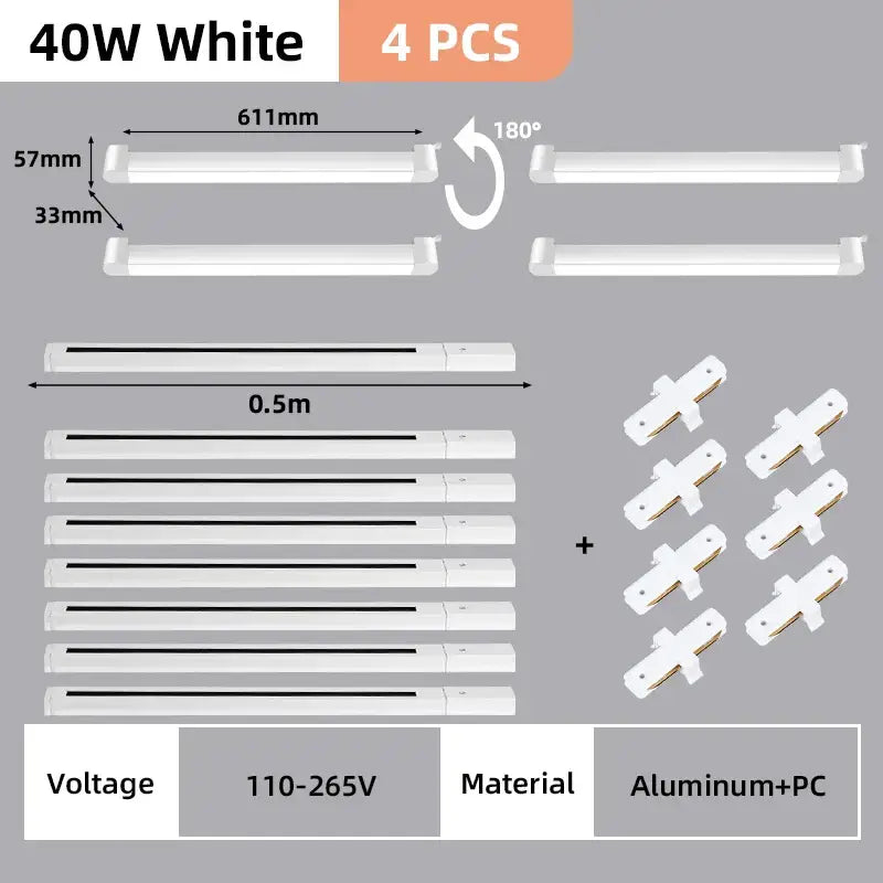 White 40w led track light set with aluminum and pc construction designed for flexible home decor installation