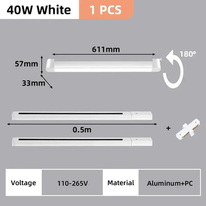 White 40w led linear track light set with aluminum and pc construction featuring sleek rectangular adjustable mounting