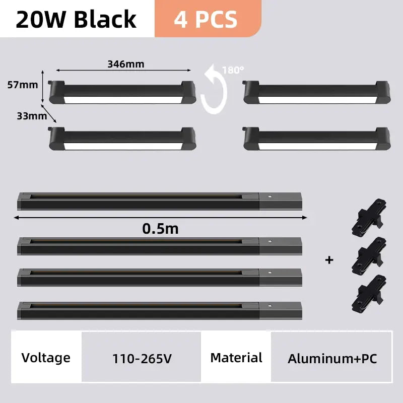 Black 20w led strip lights in aluminum and pc material in decorbites™ track light set for versatile home lighting