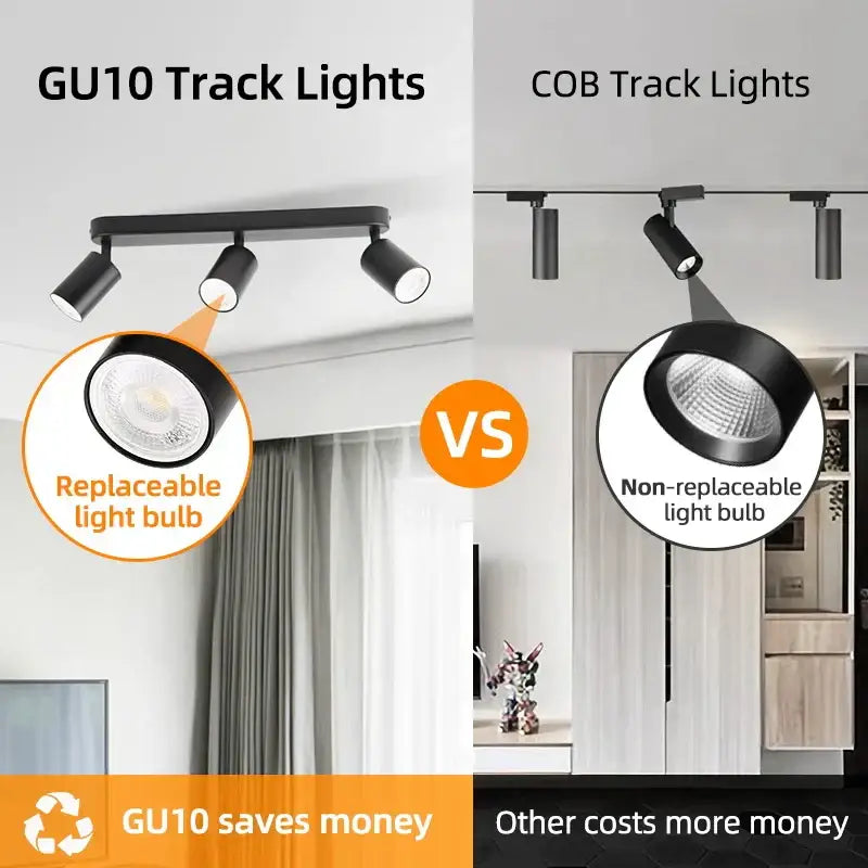 Black DecorBites™ LED track spot light with replaceable GU10 bulbs designed for adjustable bedroom and corridor lighting