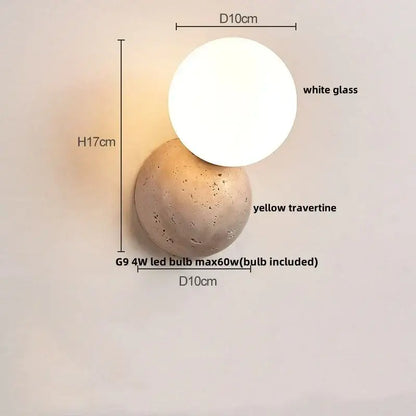 Modern DecorBites LED travertine wall light with white glass upper sphere and yellow travertine base for aisle and porch lighting