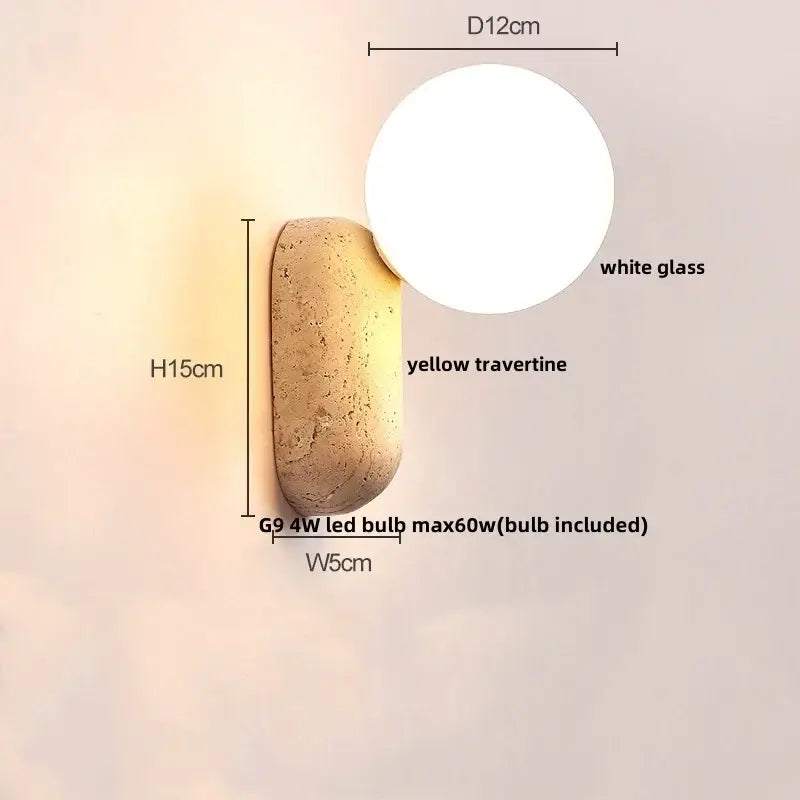 Modern decorbites led travertine wall light with white glass globe and textured yellow travertine base for indoor use