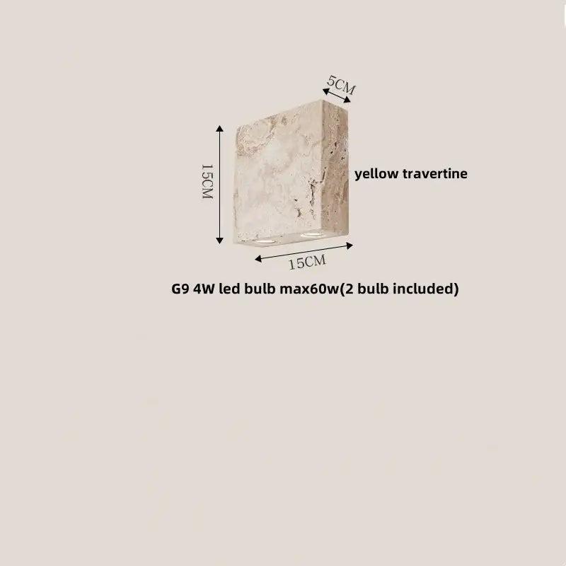 A rectangular yellow travertine wall light by DecorBites with two embedded G9 LED bulbs for natural ambiance