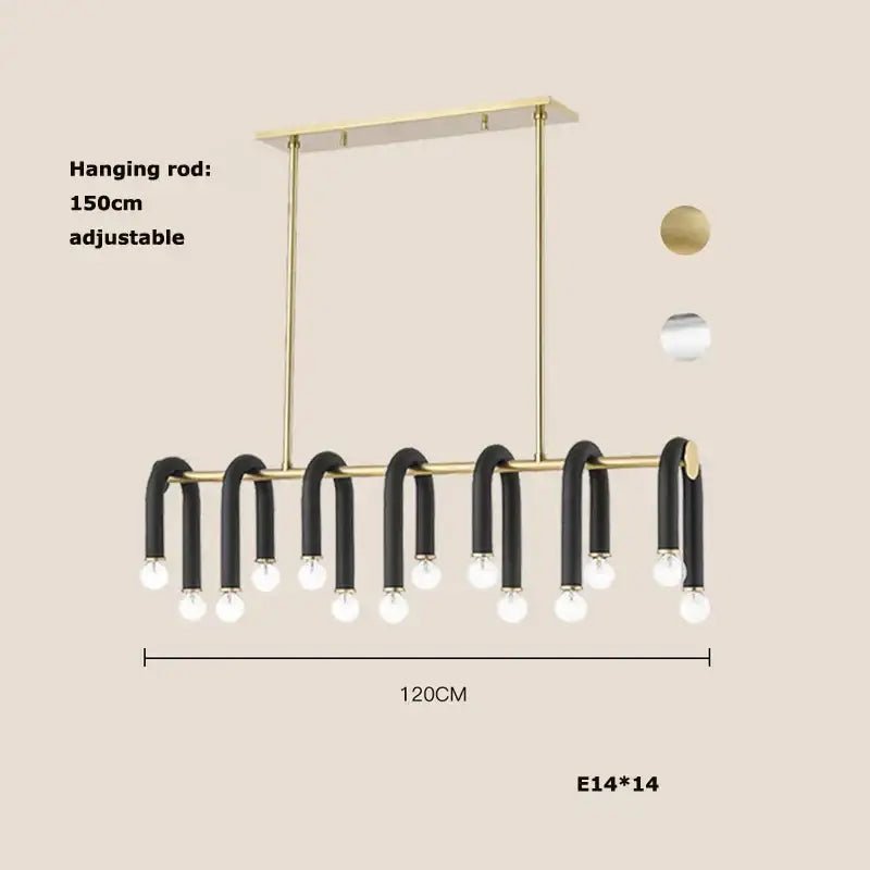 Modern black and brass decorbites led tube u-shaped chandelier with 14 exposed bulbs for high ceiling lighting