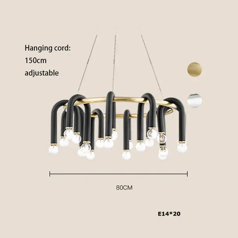Modern black and gold decorbites led tube chandelier lighting with 20 exposed e14 bulbs for high ceiling home decor