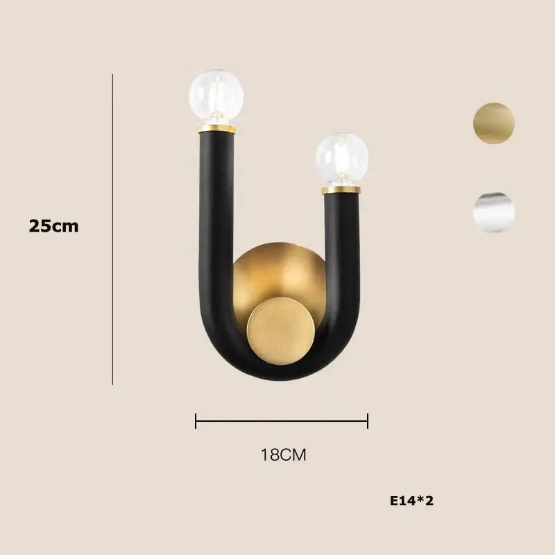 Black and brass u-shaped wall sconce with clear glass globes for DecorBites LED tube chandelier lighting