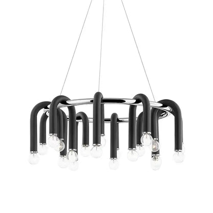 Black and chrome decorbites led tube chandelier with curved arms and clear bulb fixtures for high ceiling lighting