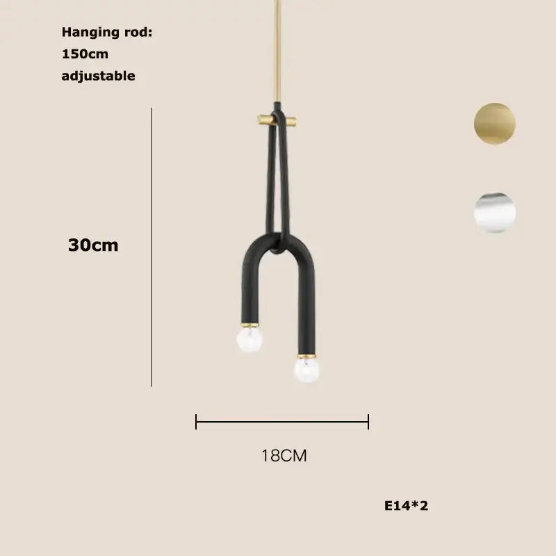 Black matte finish u-shaped decorbites led tube chandelier with two exposed e14 bulbs and brass accents for home lighting