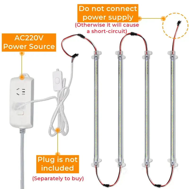 Set of four slim silver decorbites led tube lamps with clear end caps and red black wiring for cabinet lighting