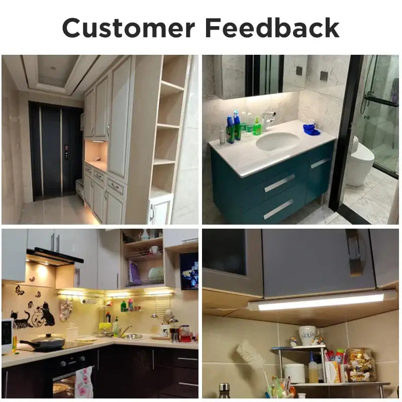 Modern teal bathroom vanity with white countertop and integrated sink illuminated by decorbites led tube light fixture