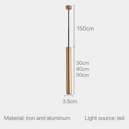 A sleek cylindrical pendant light with brushed gold finish and black cable from decorbites led tube pendant collection