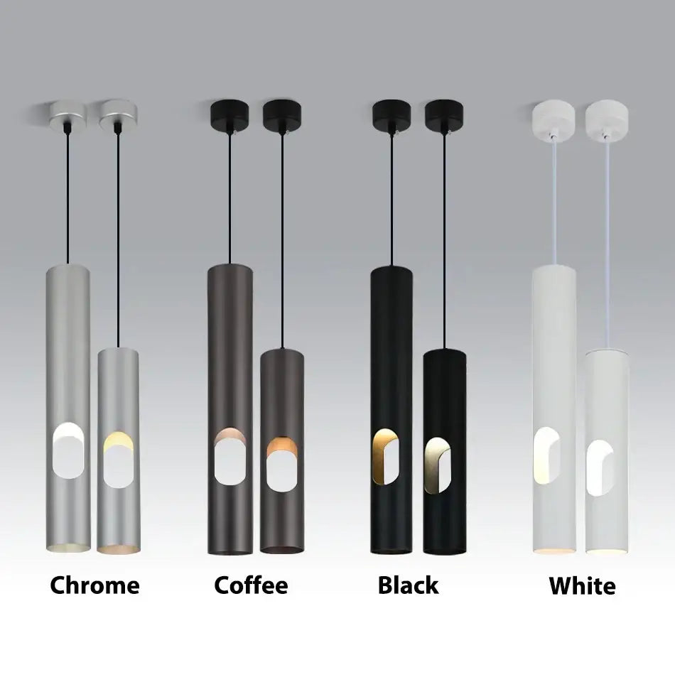 Modern cylindrical pendant lights in chrome coffee black and white finishes for decorbites led tube surface mount use
