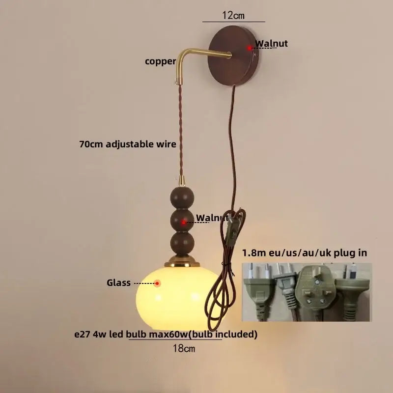 Warm-toned orange glass pendant light with copper brass accent and dark walnut beads from decorbites led wall collection