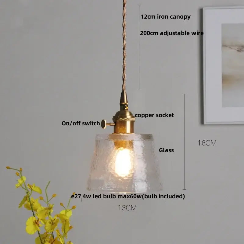 Decorbites led walnut pendant light with textured clear glass shade and brass copper socket for dining room lighting