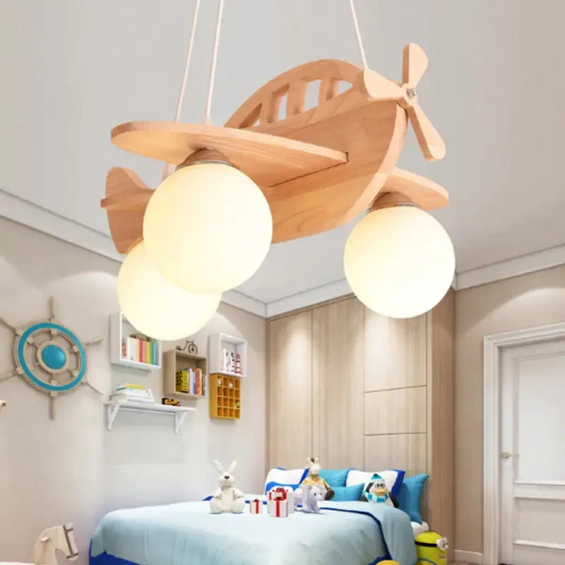 Lightweight decorbites led wooden aircraft kids chandelier pendant lamp with three spherical frosted glass bulbs
