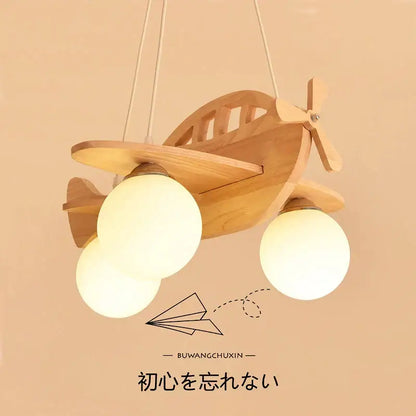Decorbites led wooden aircraft kids chandelier featuring a wooden airplane pendant light with three frosted glass bulbs