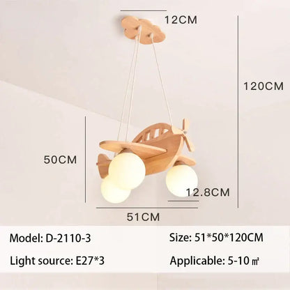 Wooden aircraft kids chandelier pendant light with three frosted glass globe bulbs decorbites led wooden design