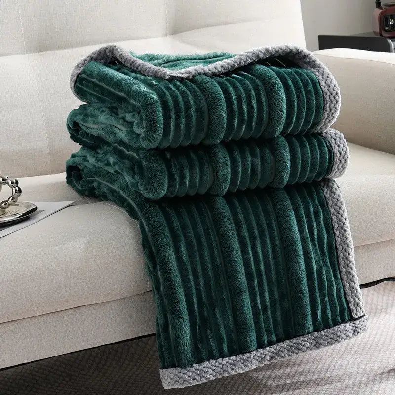 Stacked emerald green corduroy decorbites light luxury sofa blanket with plush texture and gray knitted border for bedroom throw