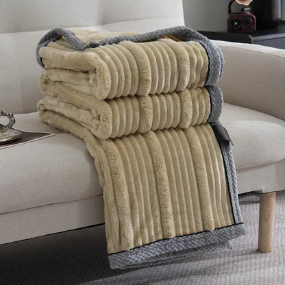 Beige and gray ribbed fleece decorbites light luxury sofa blanket with plush textured surface for bedroom throw