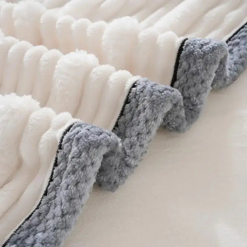 Decorbites light luxury white and gray ribbed fleece sofa blanket with black trim for bedroom and living room use