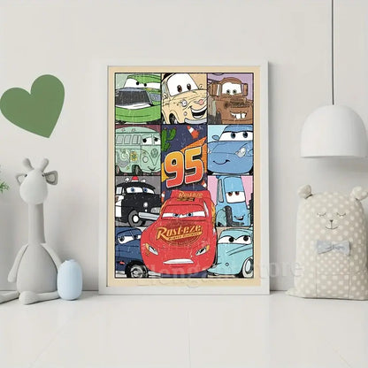 A framed DecorBites™ art print featuring colorful animated cars with red Lightning McQueen from Cars movie theme