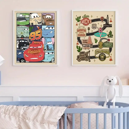 Two framed decorbites™ lightning mcqueen art prints featuring colorful cars movie and vintage route 66 graphics above a baby crib