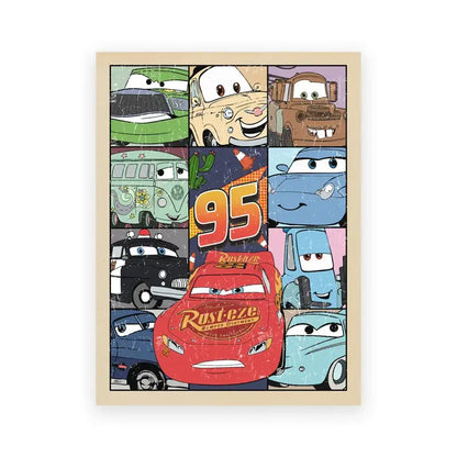 A vibrant red lightning mcqueen art print featuring rust-eze branding and the number 95 from cars movie by decorbites