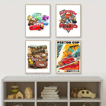 Four framed decorbites lightning mcqueen cartoon car art prints featuring vibrant watercolor and vintage racing designs