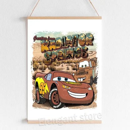 A rustic brown and yellow lightning mcqueen cartoon car art print on wooden frame featuring radiator springs text