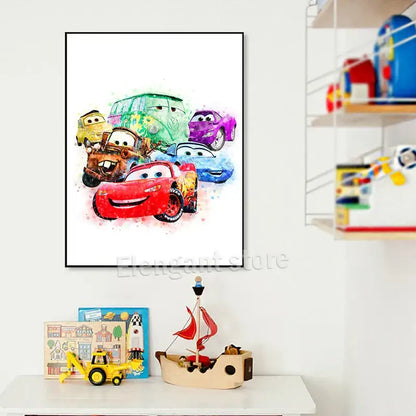 Framed watercolor style art prints featuring colorful cartoon car characters lightning mcqueen and mater by decorbites
