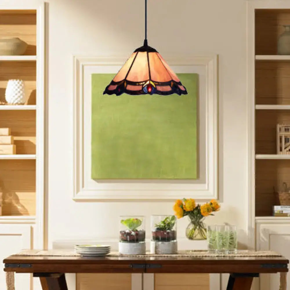 DecorBites™ loft tiffany purple glass cone suspension pendant light with amber and blue stained glass for living room