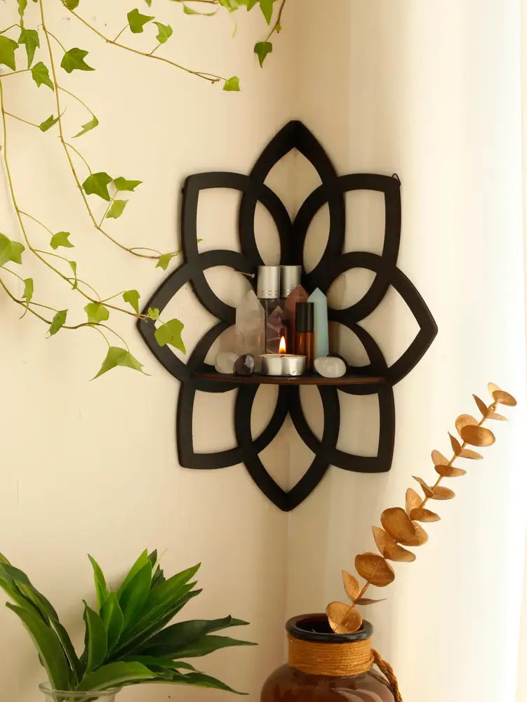 Black metal lotus floating wall shelf with wooden base from decorbites multi-style home decor collection
