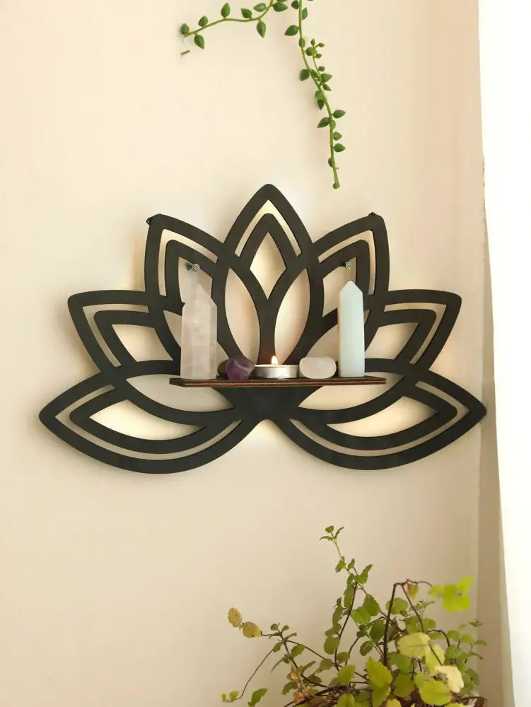 Black metal lotus floating wall shelf with wooden horizontal bar by decorbites for multi-style home decor