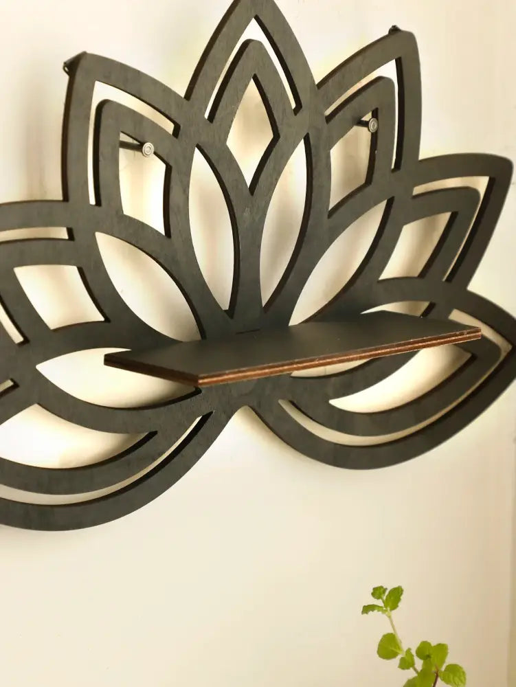 Decorbites™ black wooden lotus floating wall shelf with a flat narrow platform for multi-style home decor display