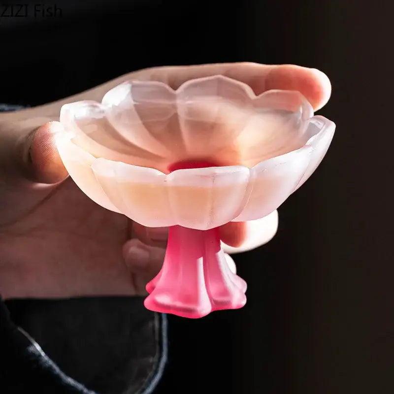 DecorBites lotus flower glass tea cups set of 2 in translucent pink and white flower-shaped dessert bowls with glossy finish